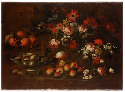 Scuola italiana del XVIII secolo, Natura morta con fiori e frutti (olio su tela)