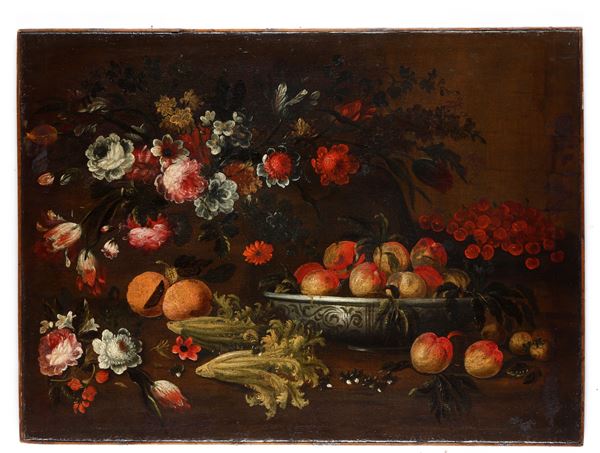 Scuola italiana del XVIII secolo Nature morte con fiori, frutti e ortaggi