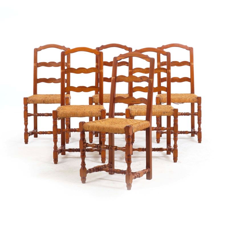 Gruppo di sei sedie a rocchetto in legno intagliato. XIX secolo  - Asta Antiquariato - Cambi Casa d'Aste