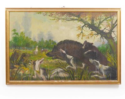 Scuola del XX secolo, Caccia al cinghiale, olio su tavola