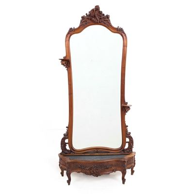Grande specchiera da ingresso in legno intagliato, stile barocchetto