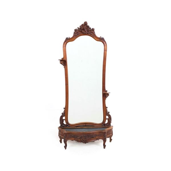 Grande specchiera da ingresso in legno intagliato stile barocchetto