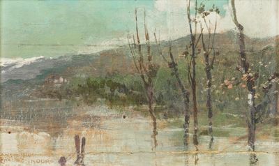 Paesaggio fluviale, olio su tavola