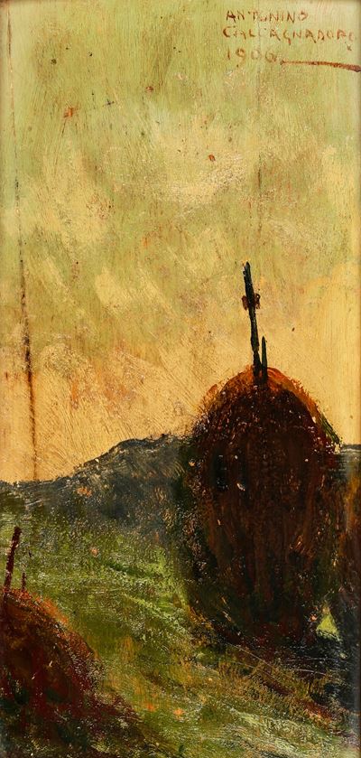 Paesaggio con covoni, olio su tavola