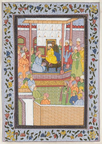 Dipinto su seta raffigurante scena di corte, Persia, XVIII secolo