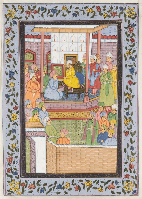 Dipinto su seta raffigurante scena di corte, Persia, XVIII secolo