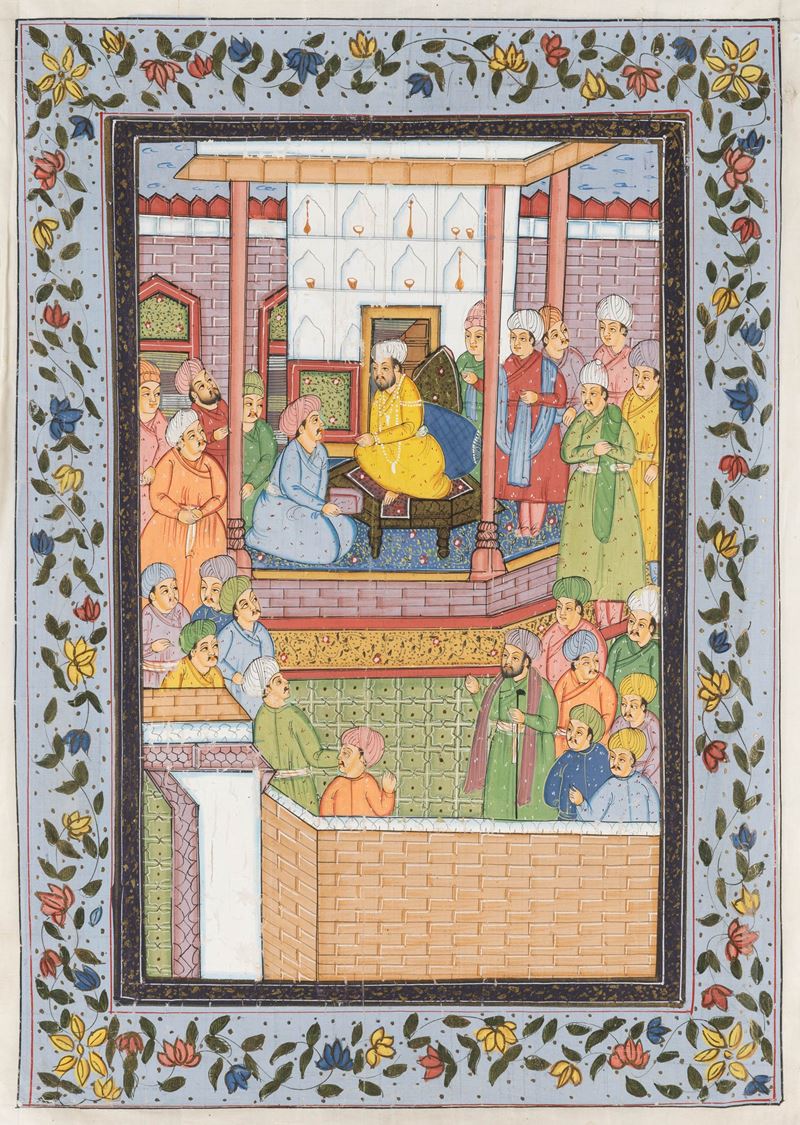 Dipinto su seta raffigurante scena di corte, Persia, XVIII secolo  - Asta Arte Orientale - Cambi Casa d'Aste