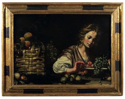 Natura morta con cesto di frutta e figura femminile, olio su tela