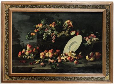 Natura morta con frutta e piatto in porcellana, olio su tela