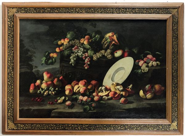 Natura morta con frutta e piatto in porcellana