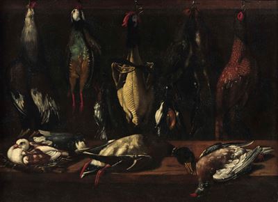 Dispensa con pollame e piccioni, olio su tela