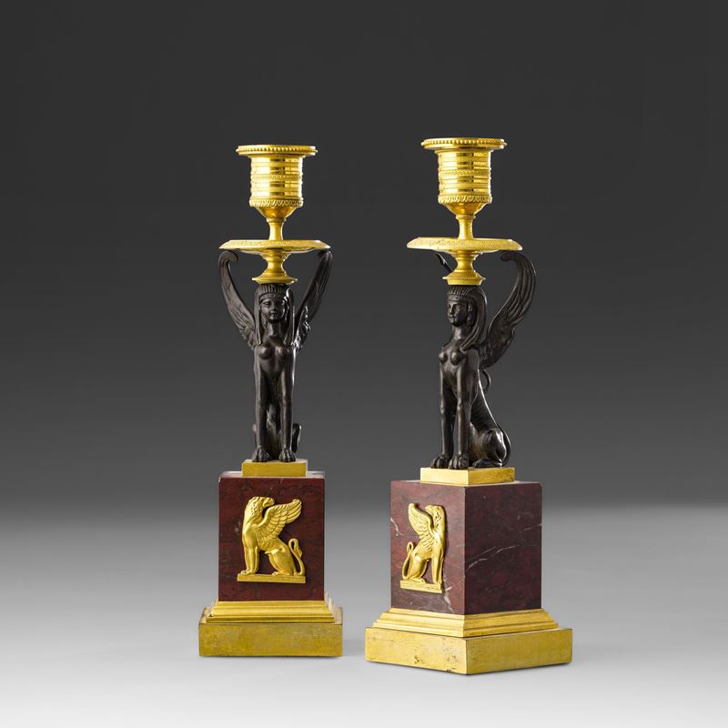 Coppia di candelieri "Retour d’Égypte". Francia, XIX secolo  - Asta Fine Art Selection - Cambi Casa d'Aste
