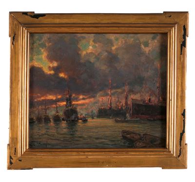 Ercole Garavaglia, Veduta di porto, olio su tela