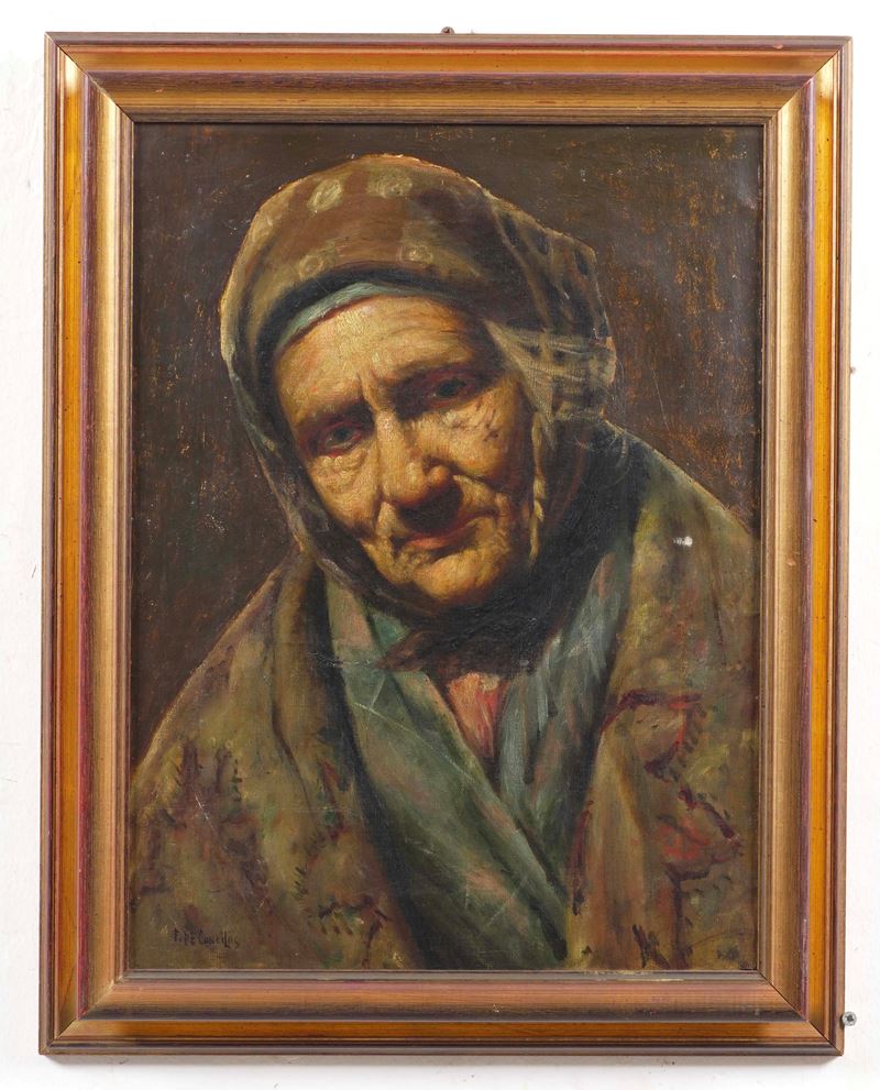 E. De Conciliis (?) Volto di anziana  - olio su tela - Asta Antiquariato - Cambi Casa d'Aste