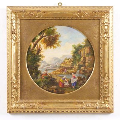 Pittore del XIX-XX secolo, Paesaggio con lavandaie, olio su tavola