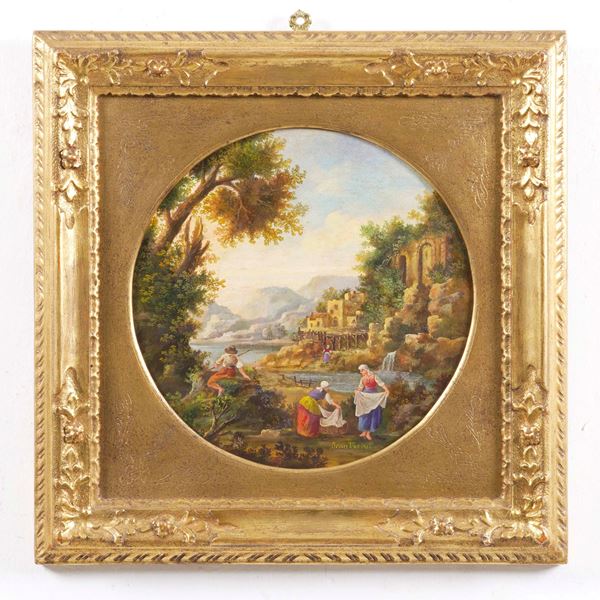 Pittore del XIX-XX secolo Paesaggio con lavandaie