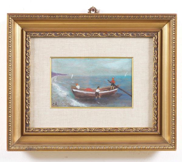 Pittore del XX secolo Barca con pescatori