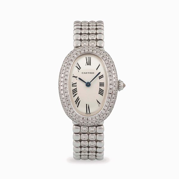 Baignoire in 18k white gold with diamonds, silvered dial with Roman numerals, original diamond-set bracelet,  [..]
