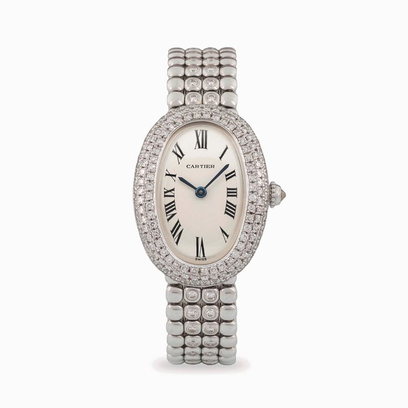 Cartier : Baignoire in 18k white gold with diamonds, silvered dial with Roman numerals, original diamond-set bracelet, circa 1990  - Auction Wristwatches - Cambi Casa d'Aste