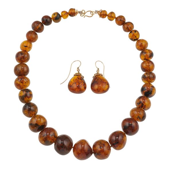 Amber, gold and diamond demi-parure. Signed Ambra Greco