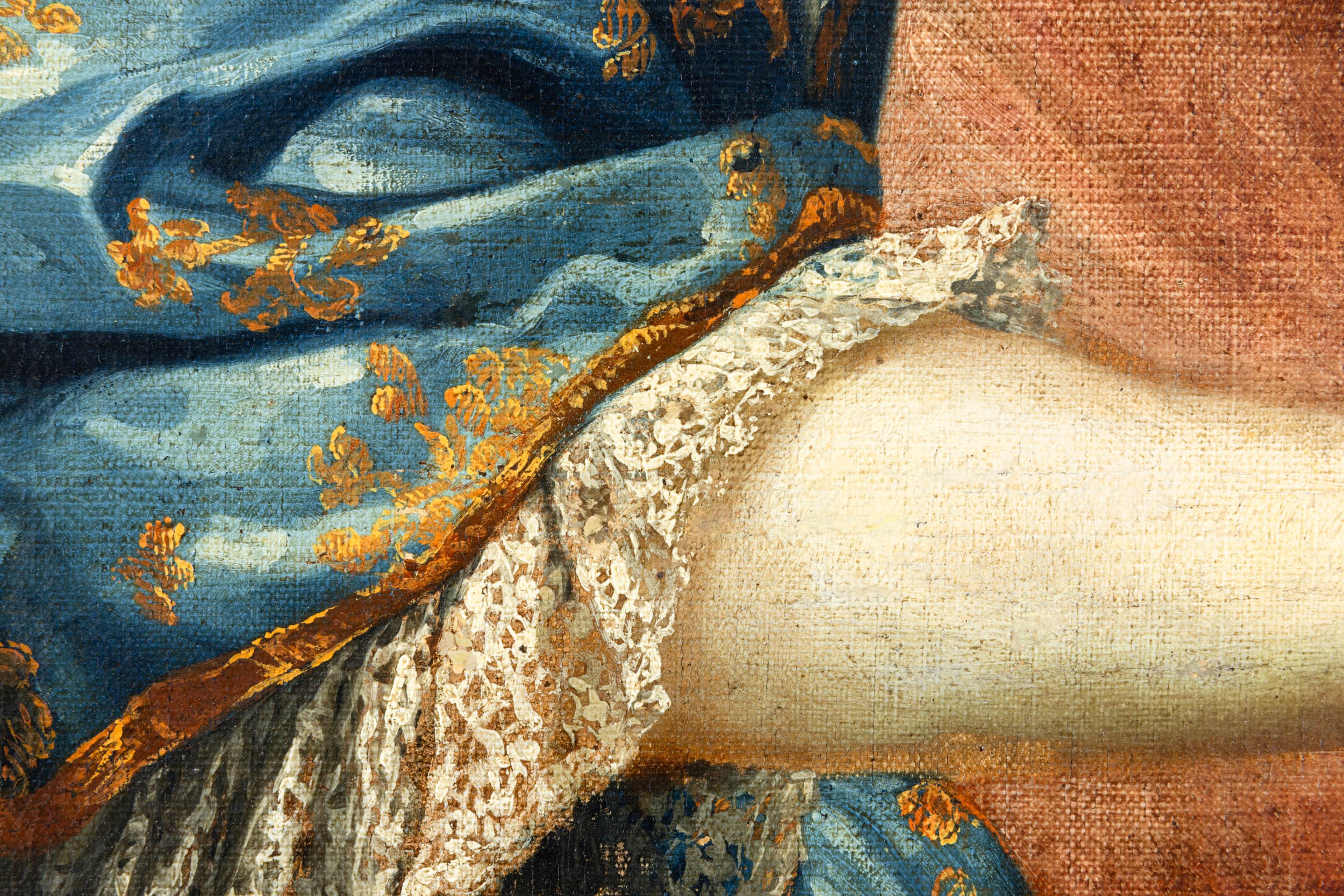 Scuola francese del XVIII secolo, Ritratto di gentildonna con drappo rosso e stemma nobiliare, ol...