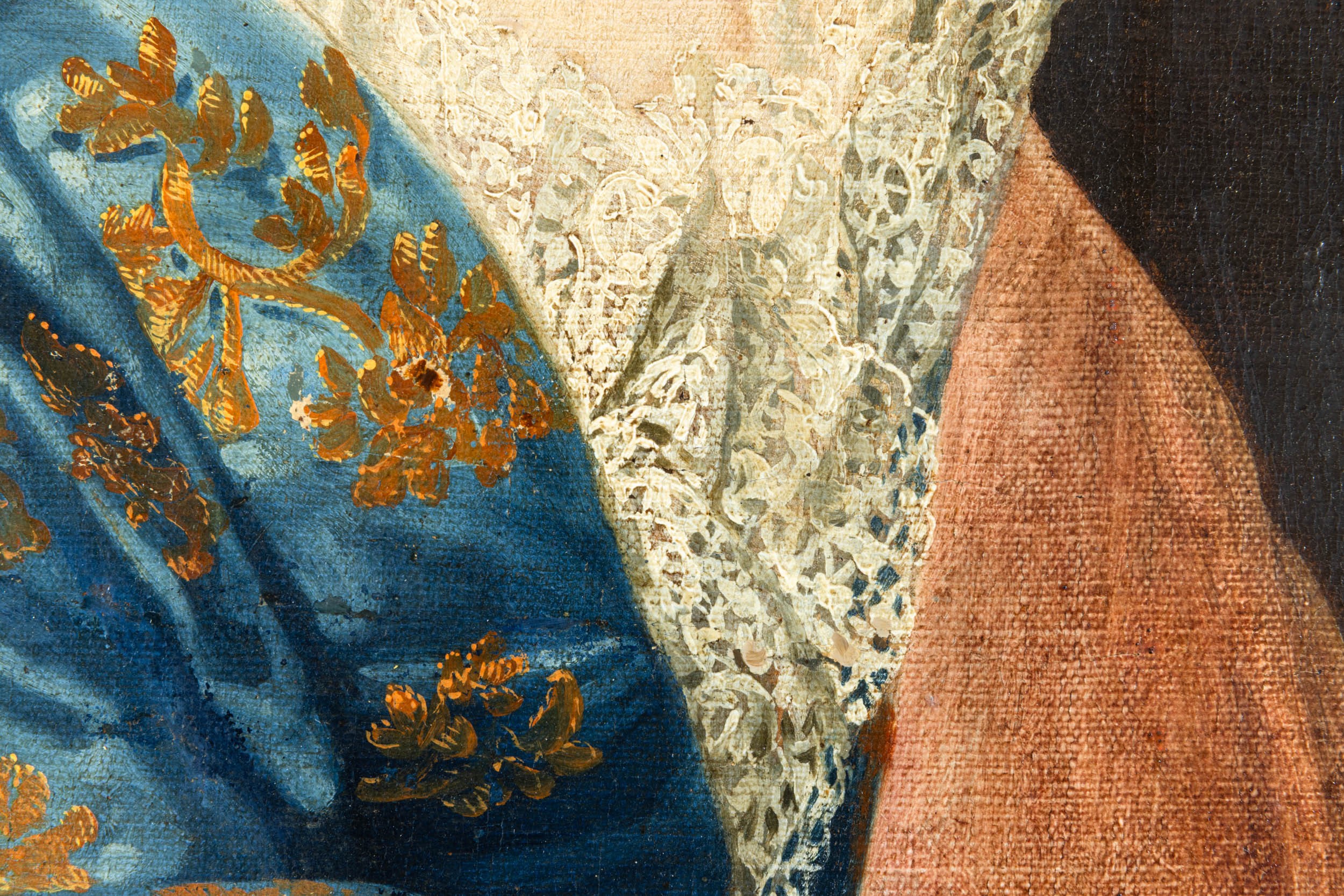 Scuola francese del XVIII secolo, Ritratto di gentildonna con drappo rosso e stemma nobiliare, ol...