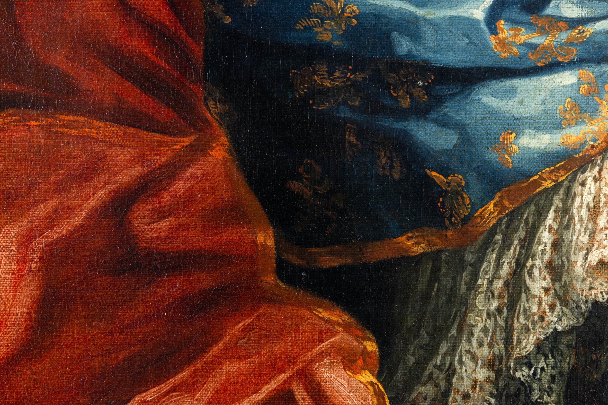 Scuola francese del XVIII secolo, Ritratto di gentildonna con drappo rosso e stemma nobiliare, ol...