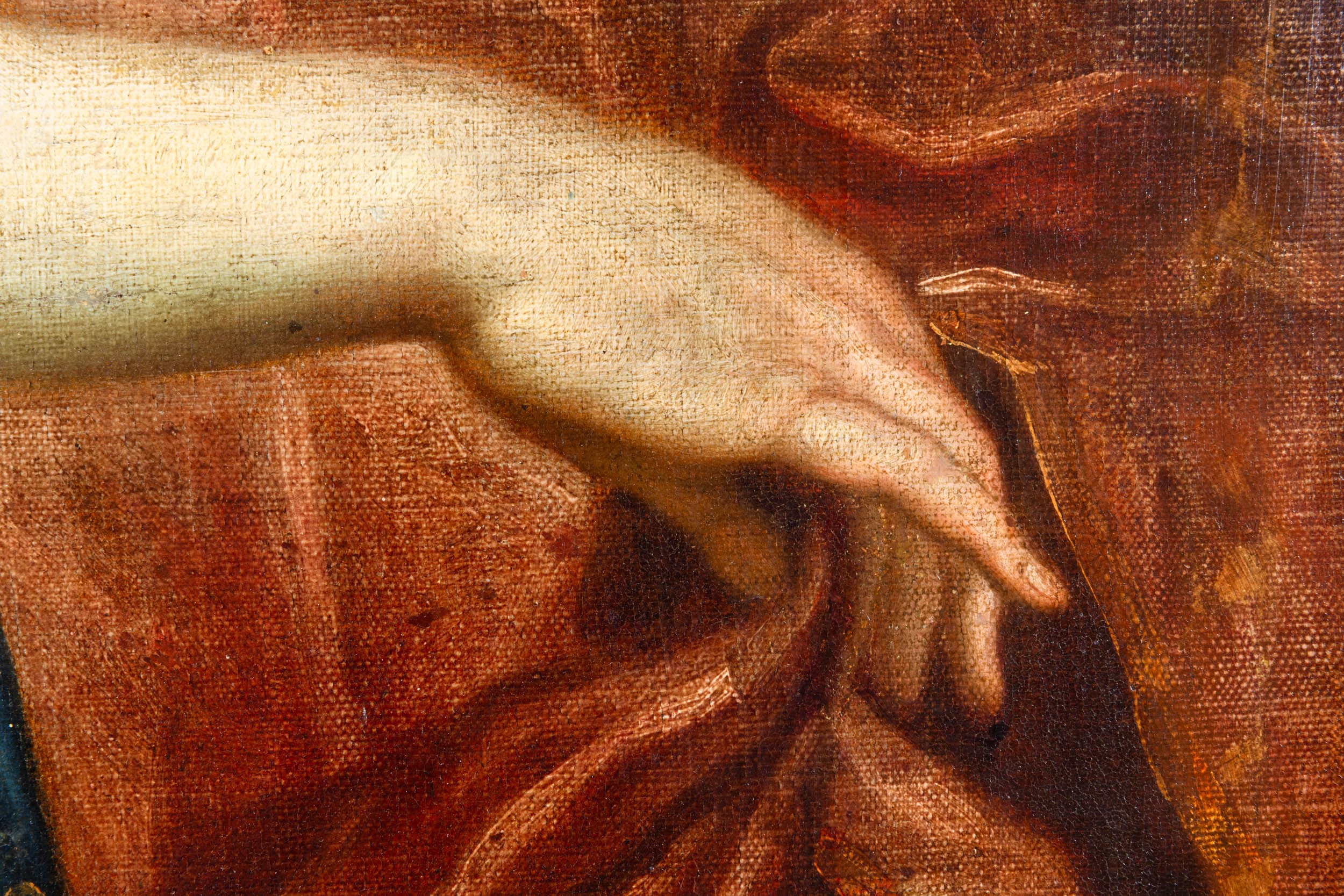 Scuola francese del XVIII secolo, Ritratto di gentildonna con drappo rosso e stemma nobiliare, ol...