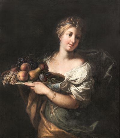 Scuola del XVII secolo, Fanciulla con piatto di frutti, olio su tela