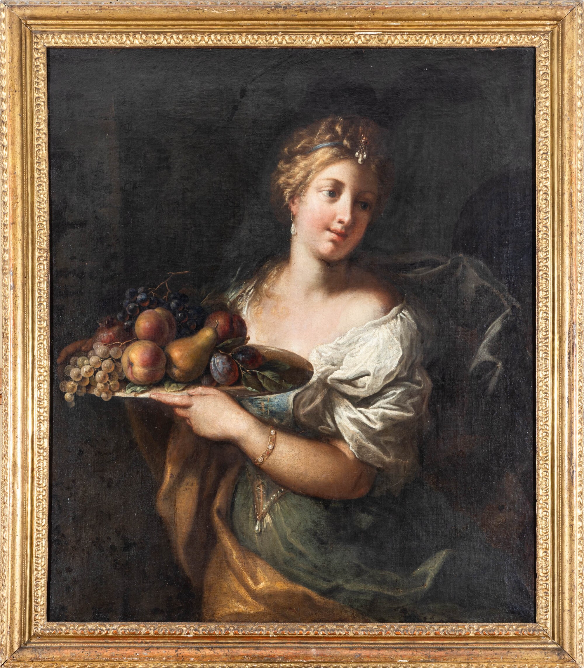 Scuola del XVII secolo, Fanciulla con piatto di frutti, olio su tela