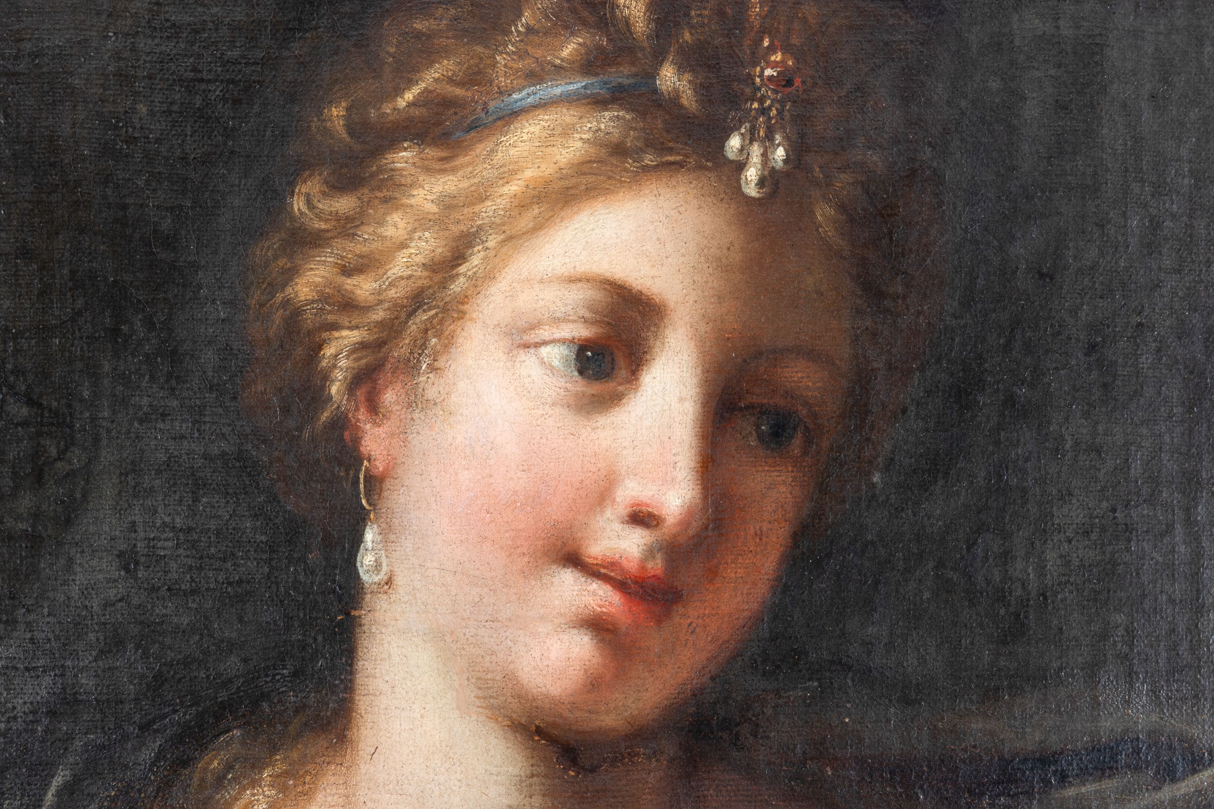 Scuola del XVII secolo, Fanciulla con piatto di frutti, olio su tela