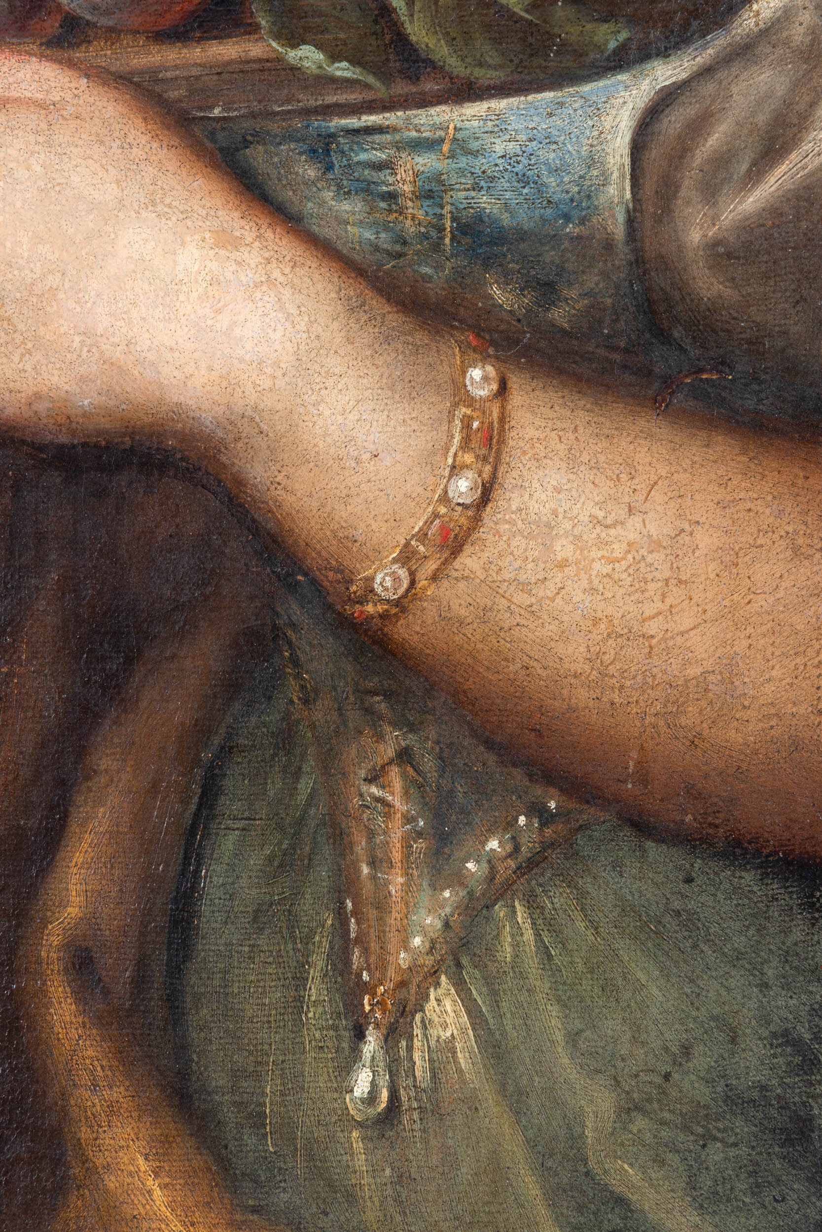 Scuola del XVII secolo, Fanciulla con piatto di frutti, olio su tela