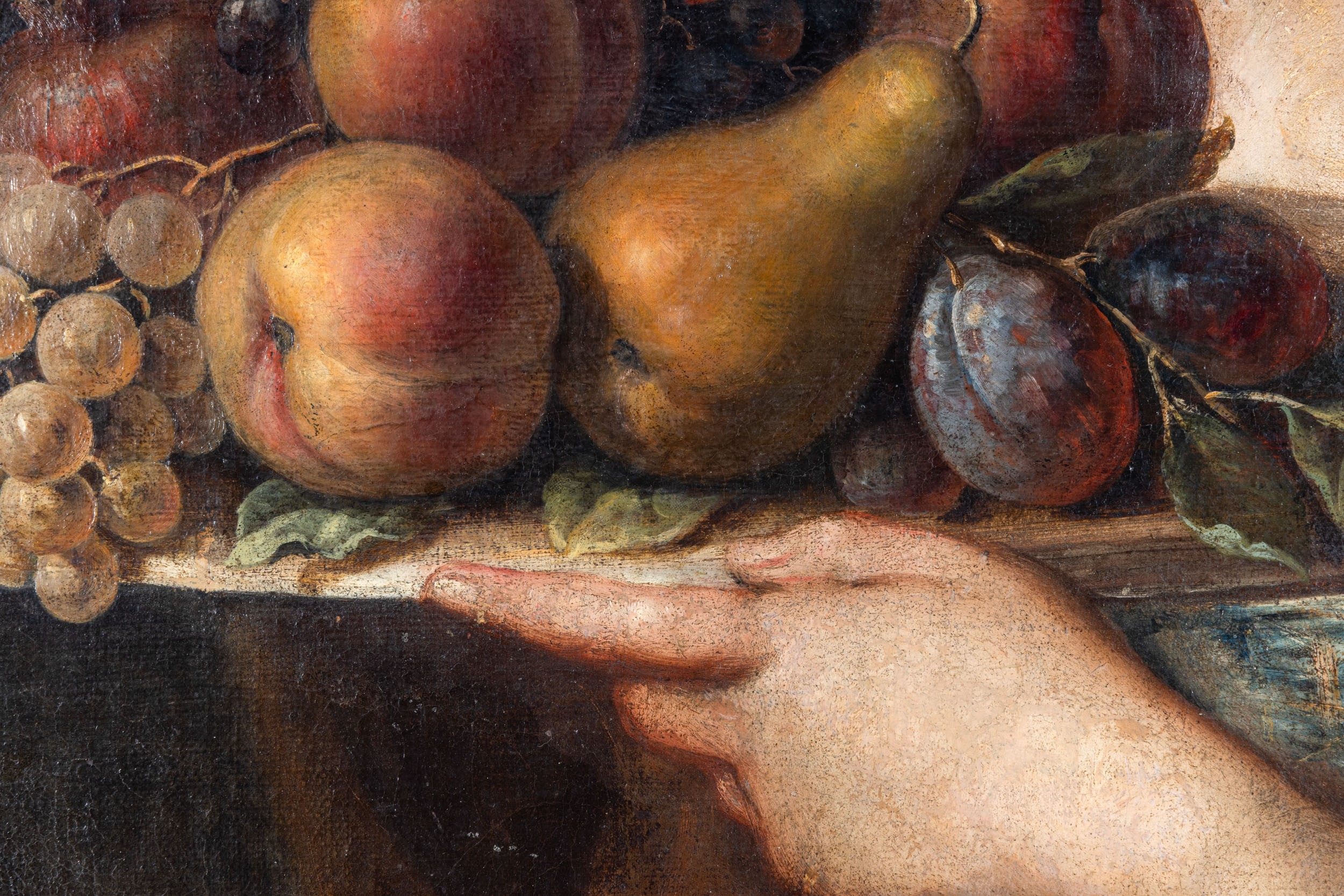 Scuola del XVII secolo, Fanciulla con piatto di frutti, olio su tela