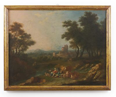 Scuola veneta del XVIII secolo, Paesaggio fluviale con pastori e armenti, olio su tela