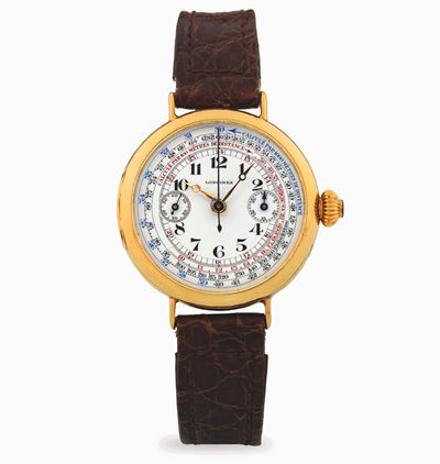 Cronografo monopulsante 13.33 in oro giallo 18k con quadrante bianco a due contatori, circa 1920