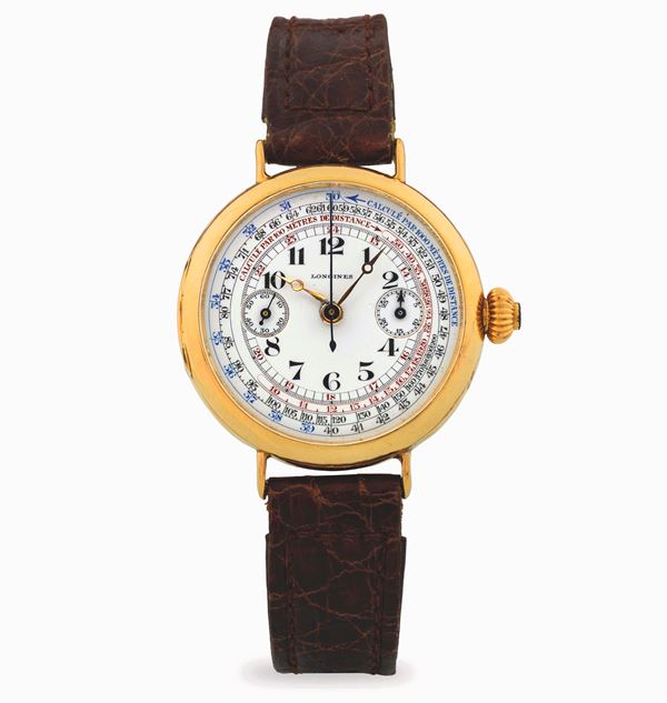 Longines - Cronografo monopulsante 13.33 in oro giallo 18k, con quadrante bianco a due contatori, circa 1920