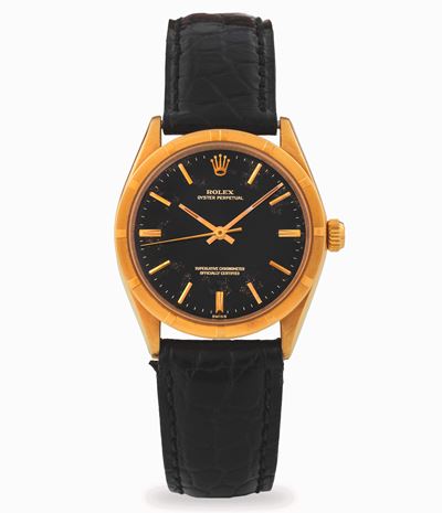 Oyster Perpetual ref. 1007 in oro giallo 18k con quadrante nero, circa 1965