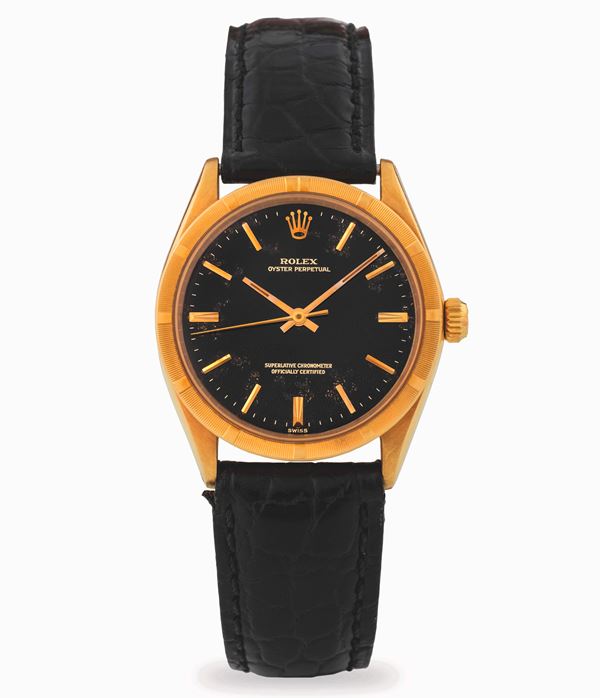 Rolex - Oyster Perpetual ref. 1007 in oro giallo 18k, con quadrante nero e indici applicati, circa 1965
