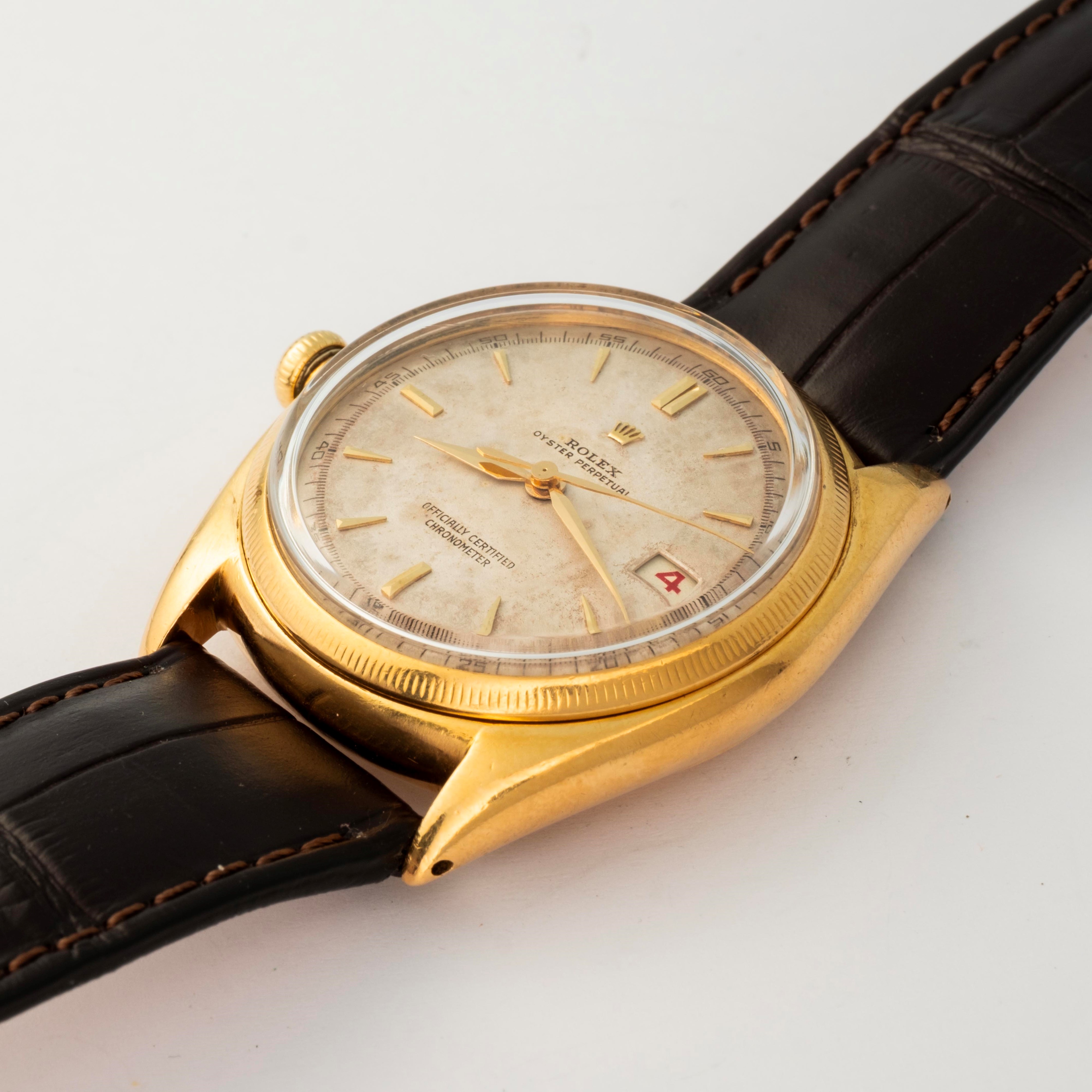 Rolex - Ovettone Oyster Perpetual “Mancino”, ref. 4467, oro giallo 18k, quadrante grenè, circa 19...