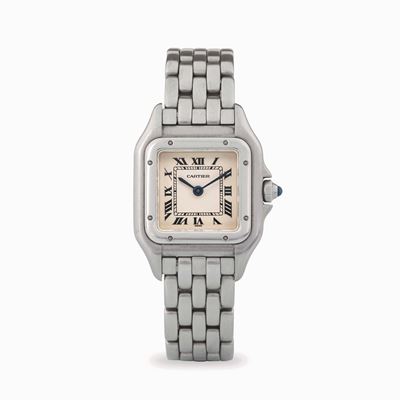 Orologio Panthere in acciaio con bracciale a cinque maglie e quadrante argenté con numeri romani,...