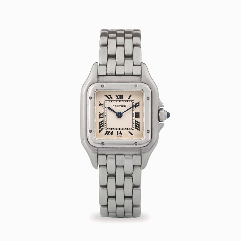 Cartier : Panthère in steel with five-link bracelet, silvered dial with Roman numerals, circa 1990  - Auction Wristwatches - Cambi Casa d'Aste