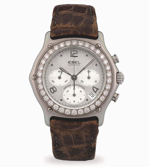 Cronografo in acciaio con quadrante grigio e ghiera in diamanti, circa 1990