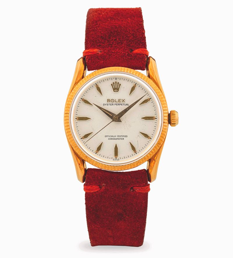 Rolex : Oyster Perpetual in oro giallo 18k ref. 6593 con anse Bombay, con quadrante bianco e indici applicati, circa 1958  - Asta Orologi da Polso - Cambi Casa d'Aste
