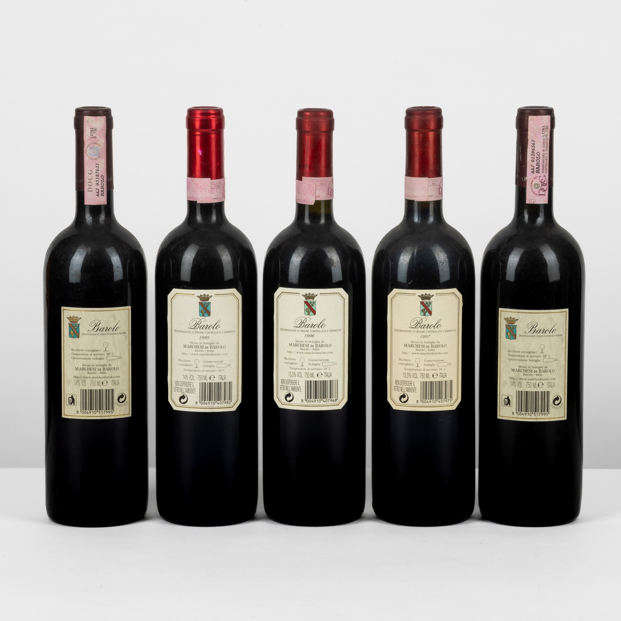 Barolo, Marchesi di Barolo, Set di 5 bottiglie (1996, 1997, 1999, 2000)