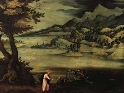 Scuola fiamminga del XVII secolo, La pesca miracolosa, olio su tela