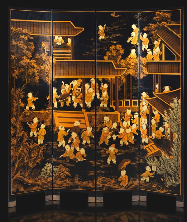 Lacquered wooden four-panel screen with a scene of daily life featuring children, China, Qing Dynasty, 19th century.
