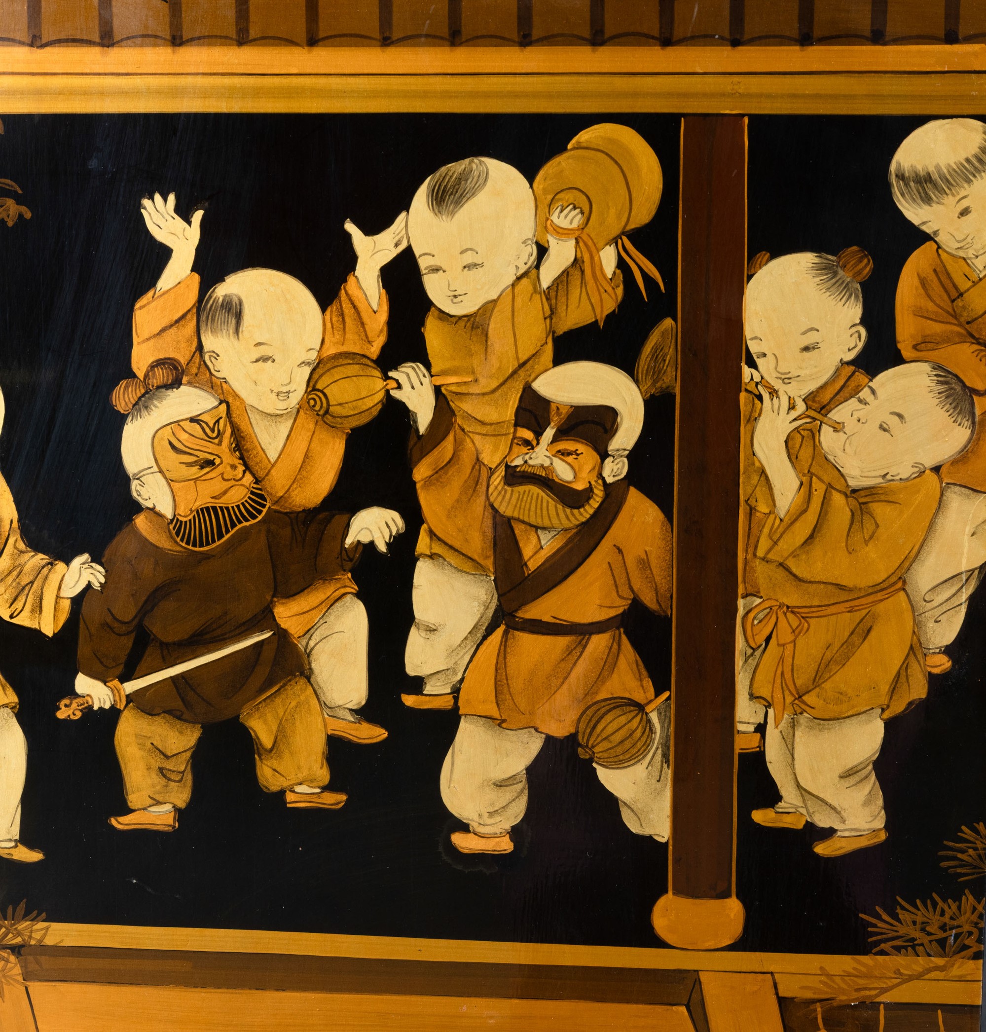 Paravento in legno laccato a quattro ante, scena di vita comune con bimbi, Cina, Dinastia Qing, X...
