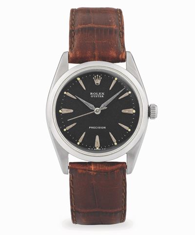 Oyster Precision ref. 6424, orologio in acciaio con quadrante nero, circa 1960