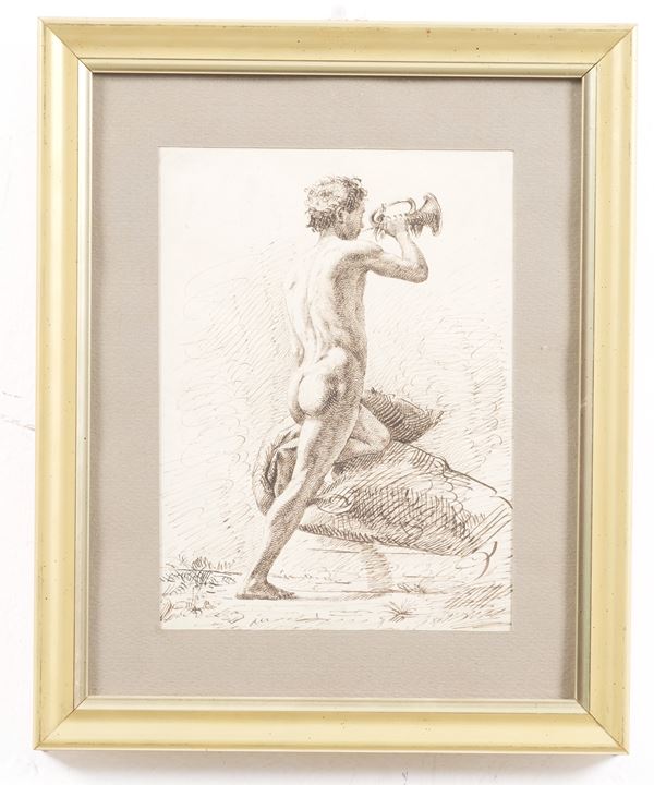 Scuola del XVIII-XIX secolo Figura di spalle con tromba