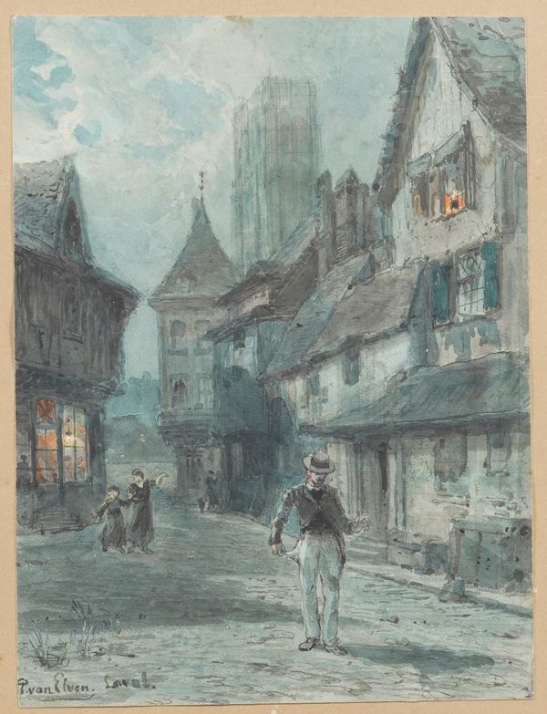 Pierre Van Elven (1828-1908) Strada con passanti